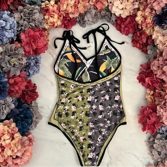 Boho Green & Black Floral Reversible Swimsuit with Shoulder Ties - Picture 10 of 16